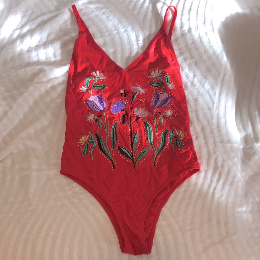 Topshop Low Back Red Floral One Piece Swimsuit